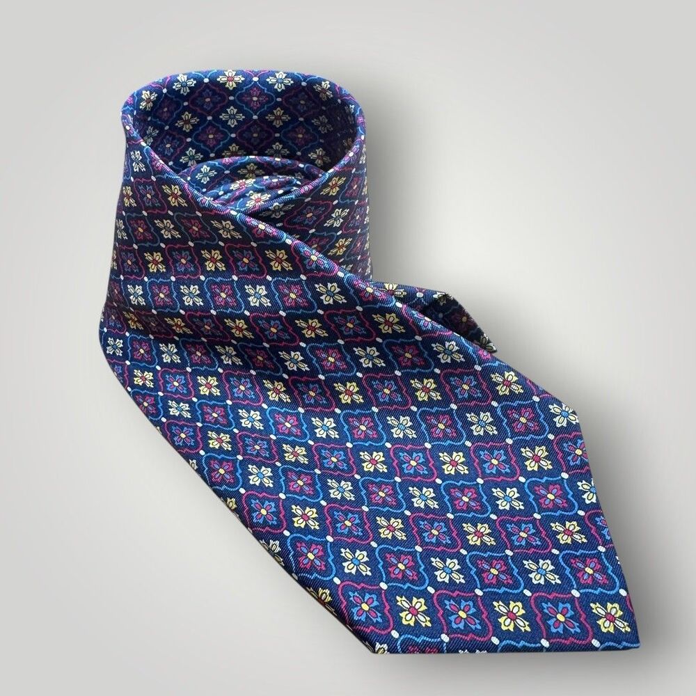 CHRISTIAN DIOR Tie Silk Tie Navy/Red/Yellow 100% Silk Geometric Made in Italy